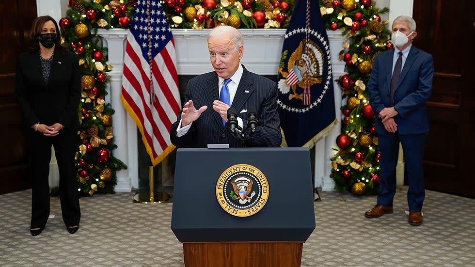 President Biden speaks about the COVID-19 variant named omicron, in the Roosevelt Room of the White House on Monday, Nov. 29, 2021.