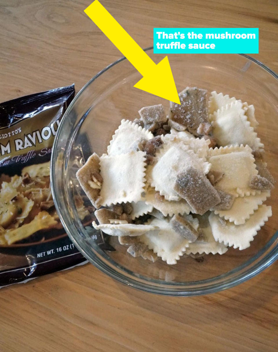 Mushroom ravioli still frozen in a bowl