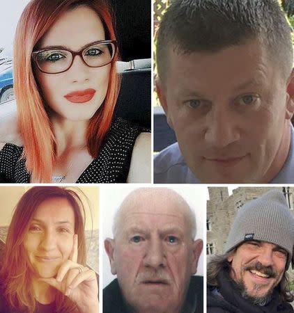 The five victims of the Westminster attack are seen in this combination image of five undated handout photographs received from the Metropolitan Police in London, Britain April 7, 2017. TOP L-R: Andreea Cristea, PC Keith Palmer. BOTTOM L-R: Aysha Frade, Leslie Rhodes, Kurt Cochran. REUTERS/Metropolitan Police/Handout