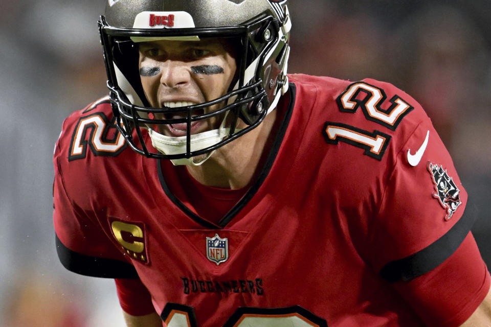 Tampa Bay Buccaneers quarterback Tom Brady yells on the line of scrimmage during the second half of an NFL football game against the Baltimore Ravens Thursday, Oct. 27, 2022, in Tampa, Fla. (AP Photo/Jason Behnken)