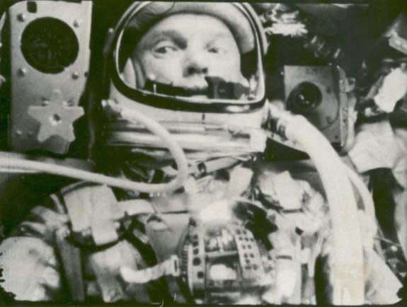 Astronaut John Glenn photographed in space by an automatic sequence motion picture camera during his historic orbital flight on "Friendship 7" on Feb. 20, 1962.