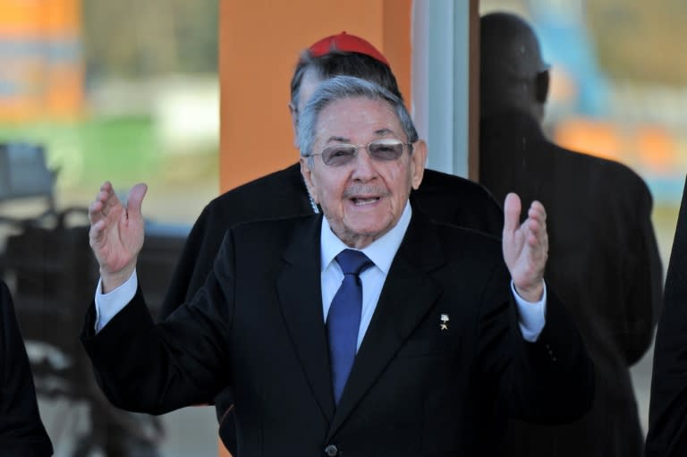 Cuban President Raul Castro speaks to the press at Jose Marti International Airport in Havana upon Pope Francis' plane take off for Mexico on February 12, 2016