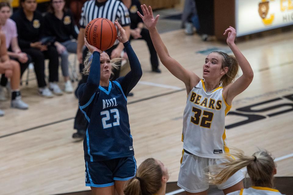 Reitz’s Norah Miller (23) takes a shot as the Central Lady Bears play the Reitz Lady Panthers at Central High School Wednesday, Dec. 13, 2023.