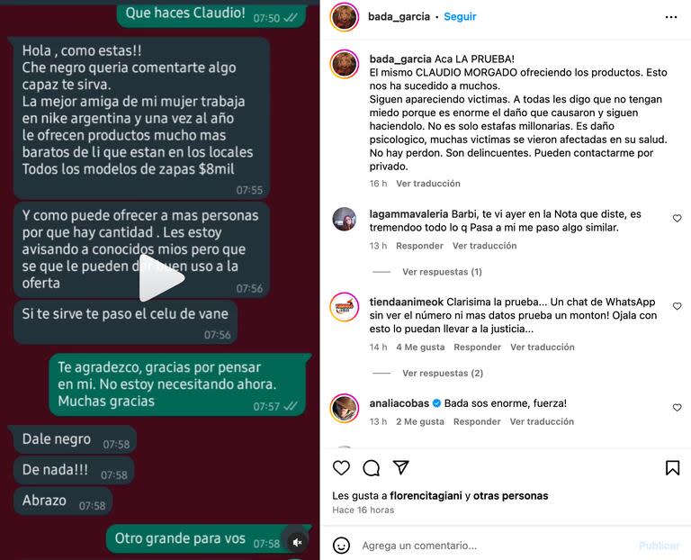 Bárbara García publicó a través de su cuenta de Instagram un print de pantalla en el que aparentemente Morgado promocionaba los productos que vendía junto a su pareja
