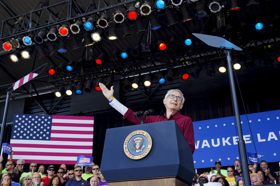 FILE - Wisconsin Gov. Tony Evers speaks during an event attended by President Biden at Henry Maier Festival Park in Milwaukee, Sept. 5, 2022. Evers who is up for reelection warns voters that democracy is on the ballot this fall and notes he has vetoed more bills than any governor in modern state history, including measures Republicans pushed to change how elections are conducted. (AP Photo/Susan Walsh, File)