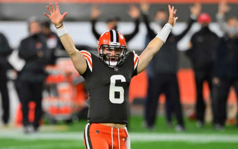 Cleveland Browns quarterback Baker Mayfield celebrates after running back Kareem Hunt scored a touchdown during the second half of the team's NFL football game against the Cincinnati Bengals, Thursday, Sept. 17, 2020, in Cleveland. The Browns won 35-30.  - AP