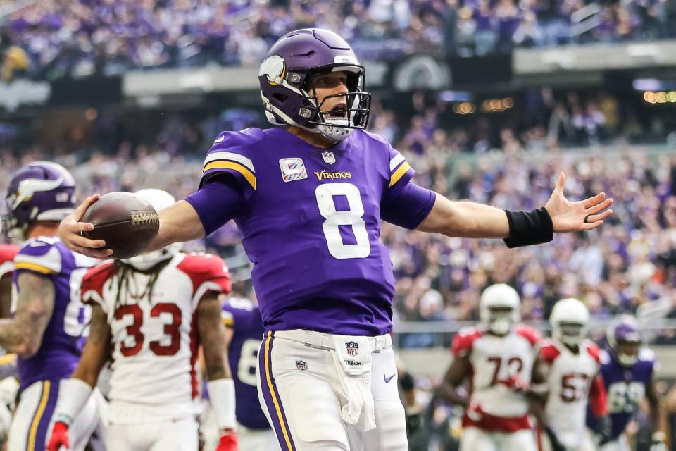 Oct 14, 2018; Minneapolis, MN, USA; Minnesota Vikings quarterback Kirk Cousins (8) celebrates his touchdown during the third quarter against the Arizona Cardinals at U.S. Bank Stadium. Mandatory Credit: Brace Hemmelgarn-USA TODAY Sports - 11443357