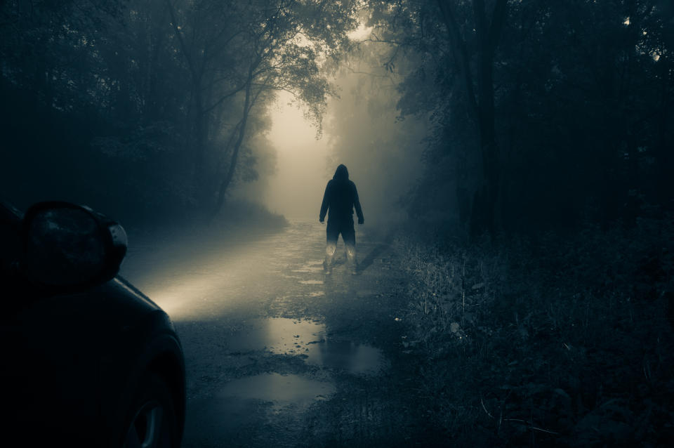 A lone, hooded figure standing in front of a car looking at an empty misty country road silhouetted at night by car headlights