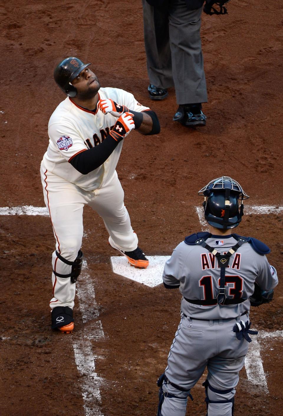 SAN FRANCISCO, CA - OCTOBER 24: Pablo Sandoval #48 of the San Francisco Giants celebrates at home plate after hitting a solo home run to center field against Justin Verlander #35 of the Detroit Tigers in first inning during Game One of the Major League Baseball World Series at AT&T Park on October 24, 2012 in San Francisco, California. (Photo by Thearon W. Henderson/Getty Images)