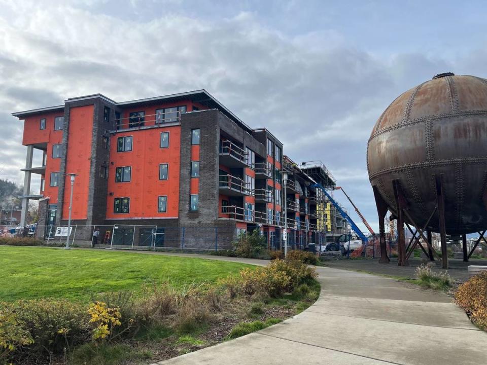 One of the unfinished apartment buildings as seen on Nov. 3, 2023, on the Bellingham waterfront.