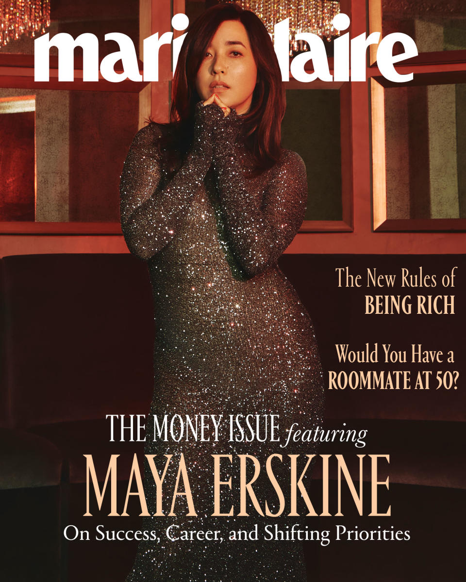 Cover of Marie Claire magazine with actress Maya Erskine in a black sparkly dress