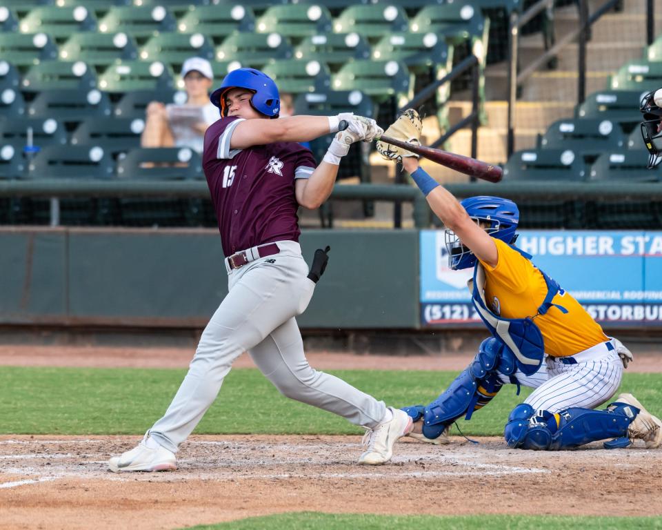 Tyler Betts of Round Rock follows through on a swing for the North team during the Austin Area Baseball Coaches Association All-Star game, which was played at Dell Diamond in Round Rock on Sunday. The North and South teams played to a 7-7 tie.
