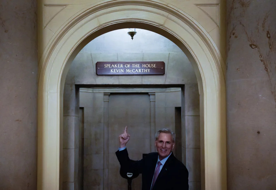    Newly-elected Speaker of the House Kevin McCarthy (R-Calif.) points to a recently  installed motion   supra  his bureau   aft  helium  was elected successful  15 rounds of votes successful  a gathering  of the 118th Congress, Friday, January 6, 2023, astatine  the U.S. Capitol successful  Washington DC.  The House reconvened Friday nighttime  aft  adjourning earlier for a 4th  time  of voting aft  Rep.-elect Kevin McCarthy failed to gain  much  than 218 votes connected  11 ballots implicit    3  days.   (Photo by Elizabeth Frantz/For The Washington Post via Getty Images)