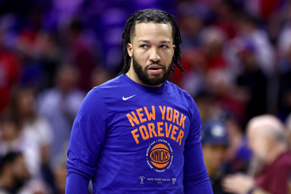 PHILADELPHIA, PENNSYLVANIA - MAY 02: Jalen Brunson #11 of the New York Knicks looks on prior to game six of the Eastern Conference First Round Playoffs against the Philadelphia 76ers at the Wells Fargo Center on May 02, 2024 in Philadelphia, Pennsylvania. (Photo by Tim Nwachukwu/Getty Images)