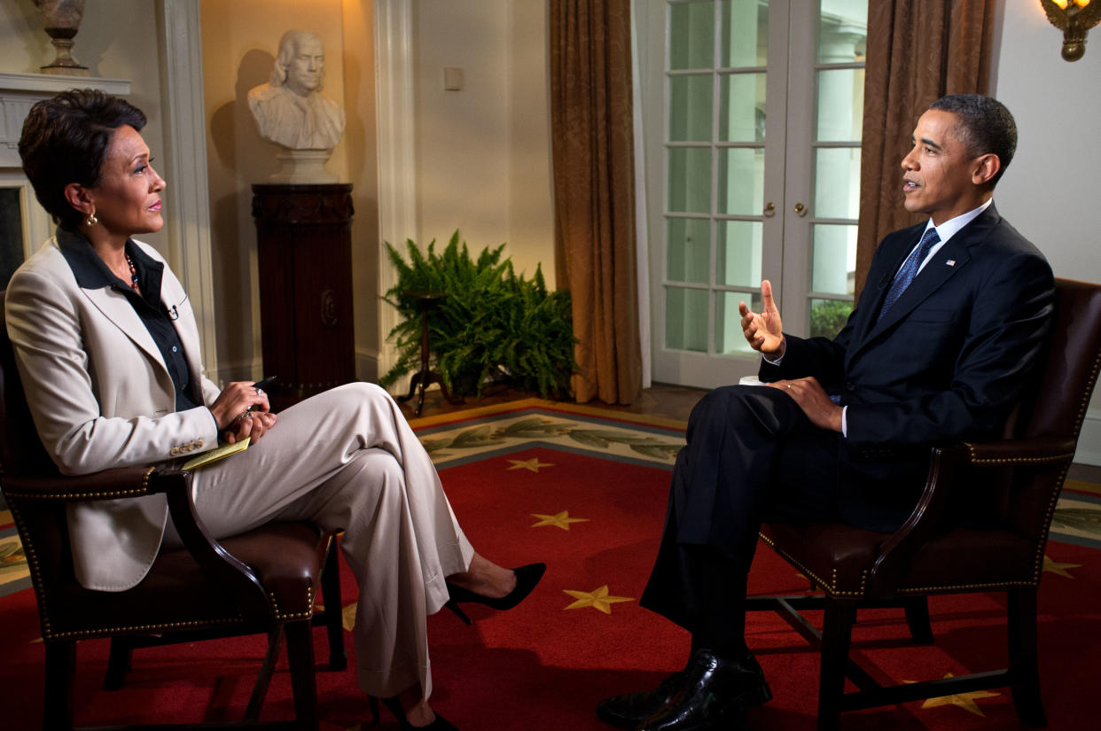 WASHINGTON, DC - MAY 9: U.S. President Barack Obama participates in an interview with Robin Roberts of ABC's Good Morning America, in the Cabinet Room of the White House on May 9, 2012 in Washington, DC.  During the interview, President Obama expressed his support for gay marriage, a first for a U.S. president. (Photo by Pete Souza/White House Photo via Getty Images)