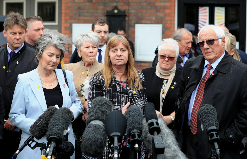 Hillsborough campaigner Margaret Aspinall speaks to the media outside Parr Hall, Warrington, last year, where the Crown Prosecution Service said Hillsborough match commander David Duckenfield, former chief constable Sir Norman Bettison and four other individuals would be charged with offences relating to the disaster. (PA)