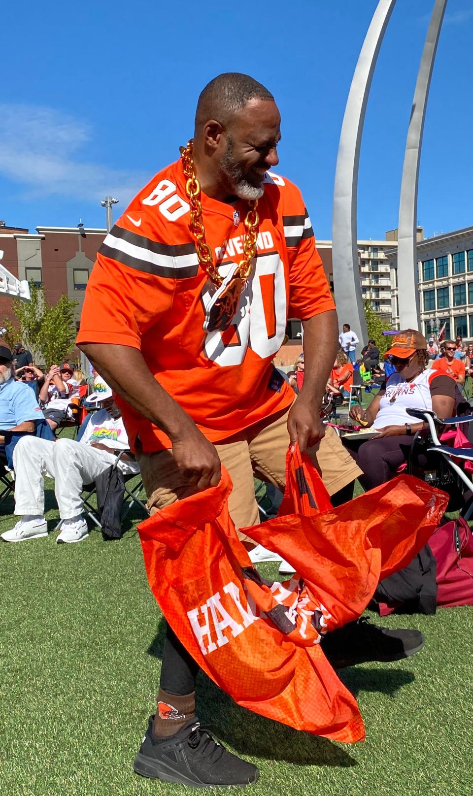 Vincent Jones celebrates during the Cleveland Browns game last season against the Chicago Bears in September. Centennial Plaza in downtown Canton is a popular spot to watch Browns and Ohio State Buckeye games on a large video screen.