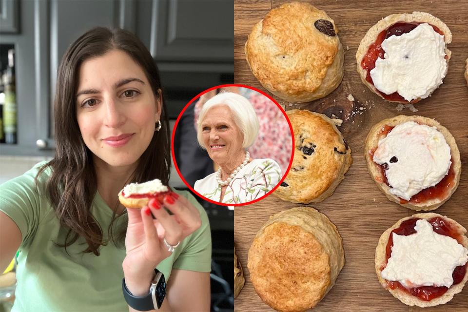 A split thumb shows a woman holding a scone (left), a board of scones (right), and an inset image of Mary Berry in the center.