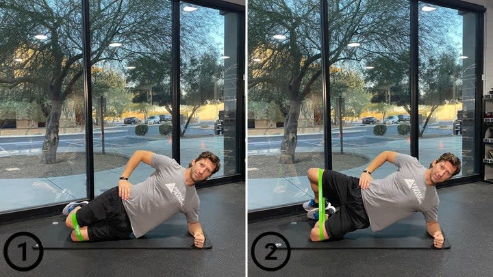 Side-plank clamshell resistance band exercises: With the band just above the knees, start in a side plank position with your knees on the ground while resting on your elbow.