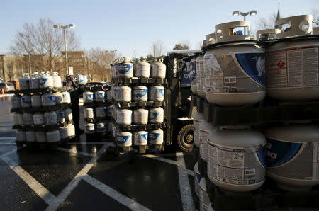 Several pallets of propane gas tanks are seen ready for loading at Strosniders Hardware store in Silver Spring, Maryland January 21, 2016. REUTERS/Gary Cameron