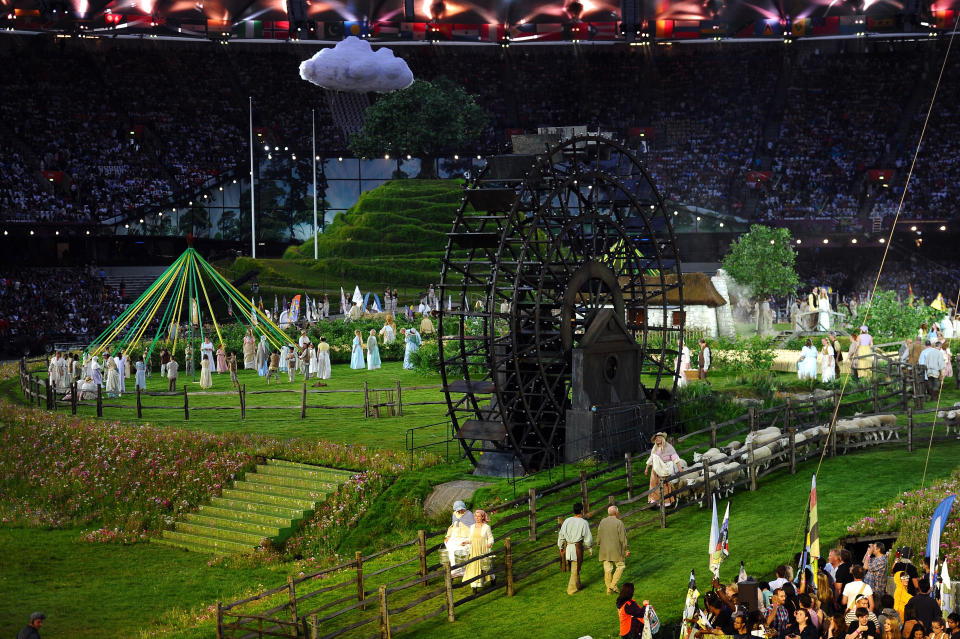 LONDON, ENGLAND - JULY 27: A general view of the the set depicting the English countryside during the Opening Ceremony of the London 2012 Olympic Games at the Olympic Stadium on July 27, 2012 in London, England. (Photo by Laurence Griffiths/Getty Images)