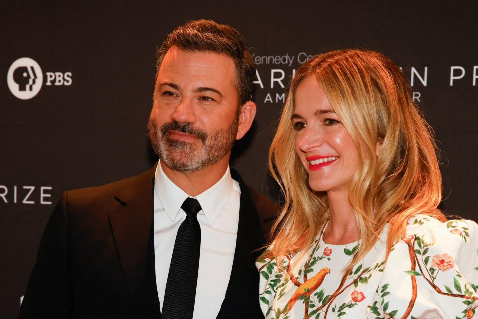 Jimmy Kimmel and his wife writer Molly McNearney arrive for the Mark Twain Prize for American Humor ceremony at the Kennedy Center in Washington on April 24.