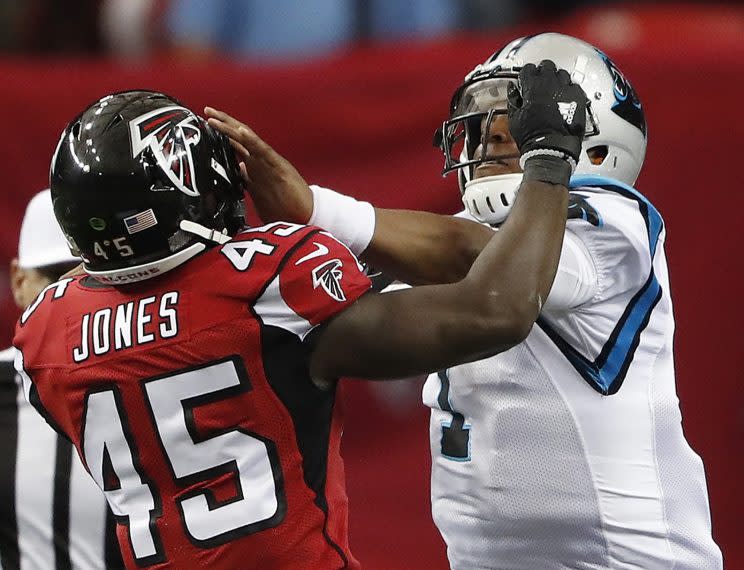 The Falcons roughed up Cam Newton and the Panthers in 2016. (AP) 