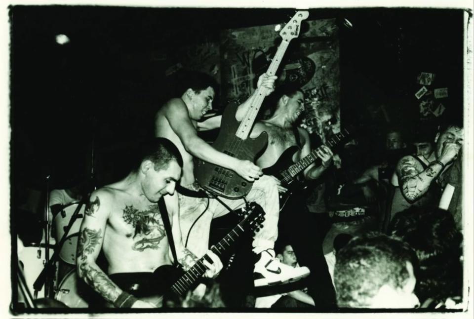 Martin (far right) performing at CBGB with Agnostic Front, late 1980s (Photo courtesy Steve Martin)