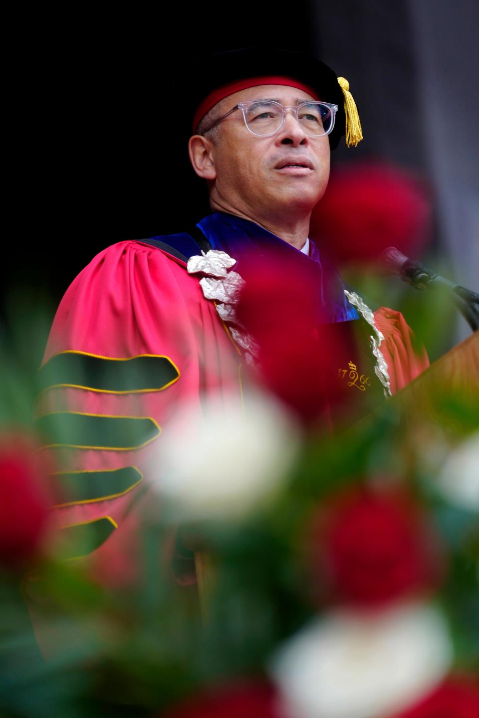 Rutgers University President, Jonathan Holloway, addresses those at commencement, Sunday, May 12, 2024, in Piscataway.