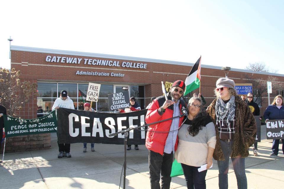 Speaking at a demonstration at Gateway Technical College in Kenosha on Feb. 1 are (from left) Justin Blake, uncle of Jacob Blake, who was shot and paralyzed by Kenosha police in 2020; Laura Bielefeldt, president of the Burlington Coalition for Dismantling Racism; and Rachel Ida Buff, co-chair of the Wisconsin Coalition for Justice in Palestine executive committee and founding member of Jewish Voice For Peace-Milwaukee.