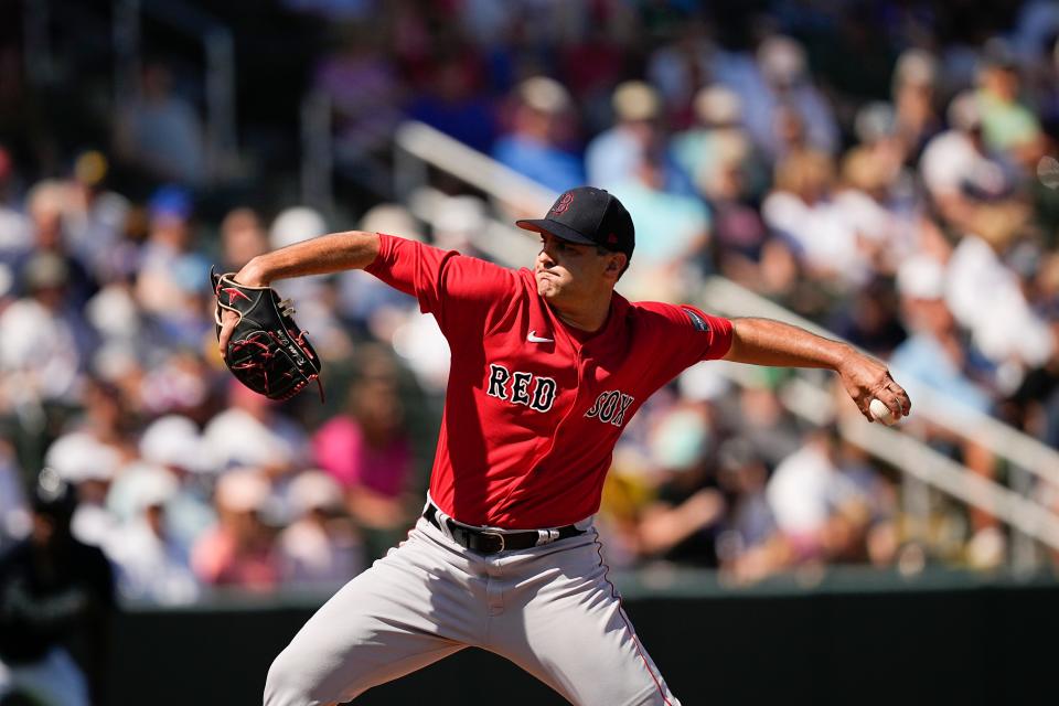 Boston Red Sox relief pitcher Richard Bleier (35) delivers during a spring training baseball game against the Atlanta Braves, Saturday, Feb. 25, 2023, in North Port, Fla. (AP Photo/Brynn Anderson)