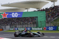 Mercedes driver Lewis Hamilton of Britain steers his car during qualifying at the Chinese Formula One Grand Prix at the Shanghai International Circuit, Shanghai, China, Saturday, April 20, 2024. (AP Photo/Andy Wong)