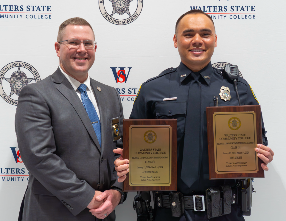 Gallatin Police Department's Trent Holtzleicer, right, pictured with Walters State Regional Law Enforcement Academy Director Travis Stansill.