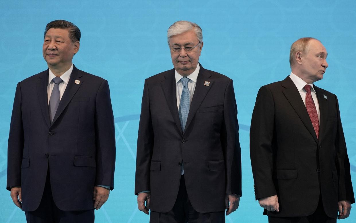 Chinese president Xi Jinping, Kazakh president Kassym-Jomart Tokayev and Russian president Vladimir Putin at the Shanghai Cooperation Organization (SCO) summit