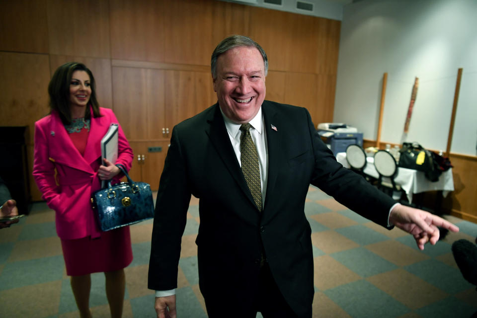 Secretary of State Mike Pompeo talks to the media on the sidelines of the Arctic Council ministers' working dinner at the Arktikum museum in Rovaniemi, Finland, Monday, May 6, 2019. (Mandel Ngan/Pool Photo via AP)