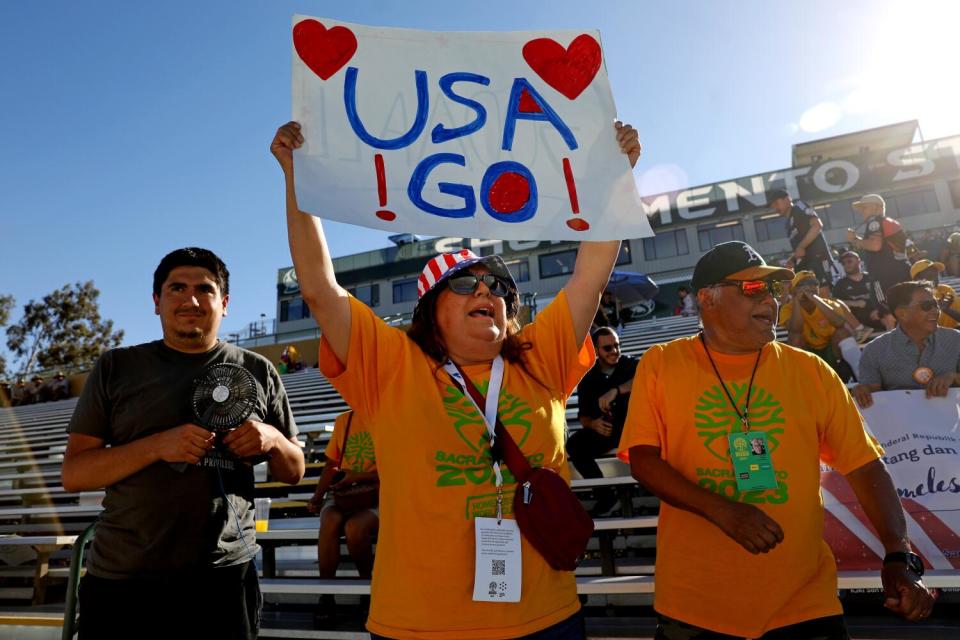 Carolina Medina cheers on the U.S. during their Homeless World Cup match against Norway.