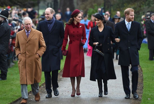 File photo dated 25/12/18 of then Prince of Wales, now King Charles III (left) the then Duke and Duchess of Cambridge and the Duke and Duchess of Sussex arriving for the Christmas Day morning church service at St Mary Magdalene Church in Sandringham, Norfolk. 