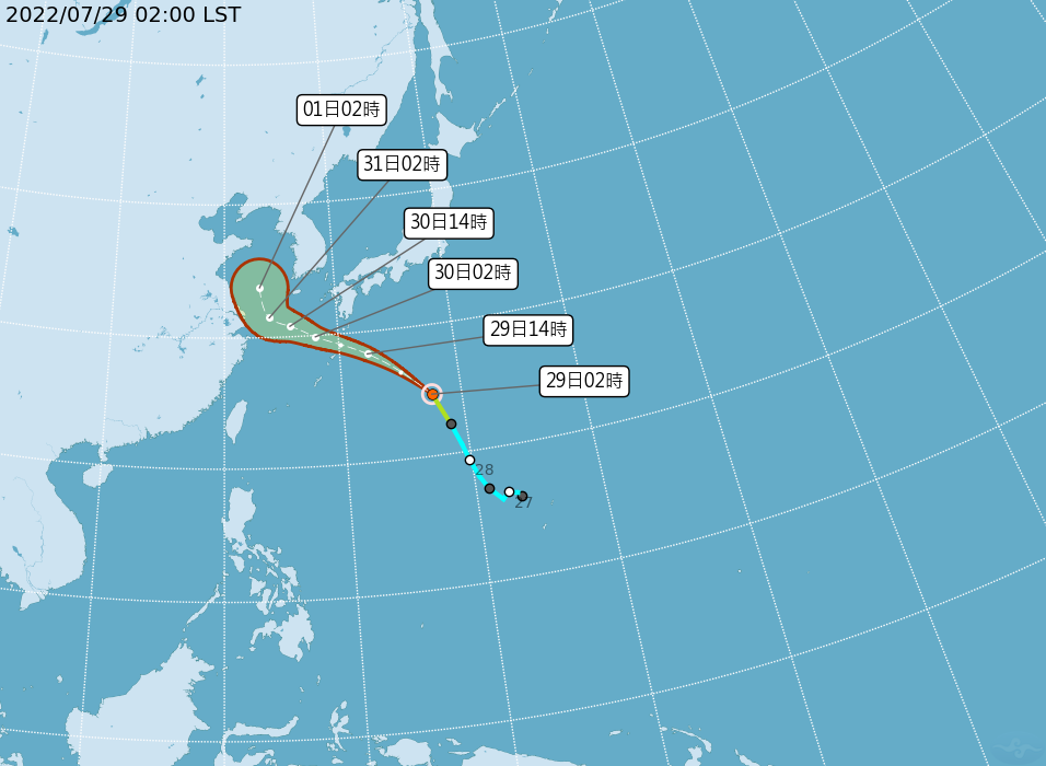 中央氣象局預測颱風走向。（中央氣象局提供）