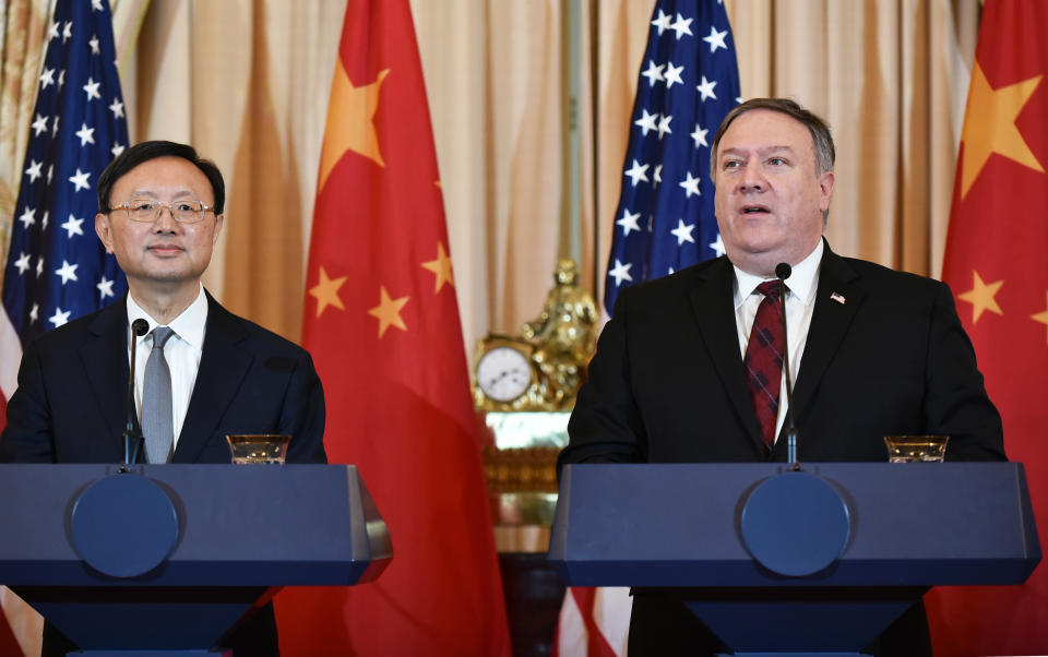 US Secretary of State Mike Pompeo (R) speaks during a press conference with Chinese politburo member Yang Jiechi during the US-China Diplomatic and Security Dialogue in the Benjamin Franklin Room of the State Department in Washington, DC on November 9, 2018. (Photo by MANDEL NGAN / AFP)        (Photo credit should read MANDEL NGAN/AFP via Getty Images)