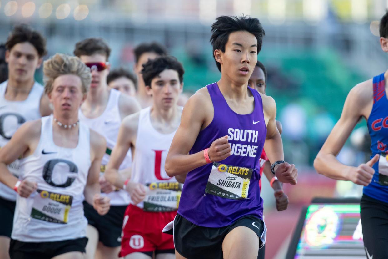 South Eugene’s Yosuke Shibata runs to a second place finish in the freshmen boys 2 mile during the Oregon Relays Friday, April 19, 2024, at Hayward Field in Eugene, Ore.