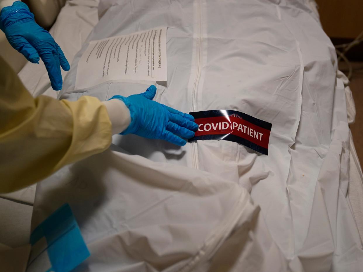 <p>In this 9 January 2021, file photo, a hospital worker places a “COVID Patient” sticker on a body bag holding a deceased patient at Providence Holy Cross Medical Center in the Mission Hills section of Los Angeles.</p> ((Associated Press))