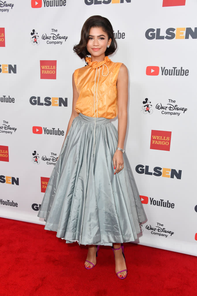 <p>At the 2017 GLSEN Respect Awards, Zendaya opted for a sports-luxe aesthetic as she donned a Calvin Klein hoodie-raincoat-hybrid teamed with a fifties-style skirt. <em>[Photo: Getty]</em> </p>