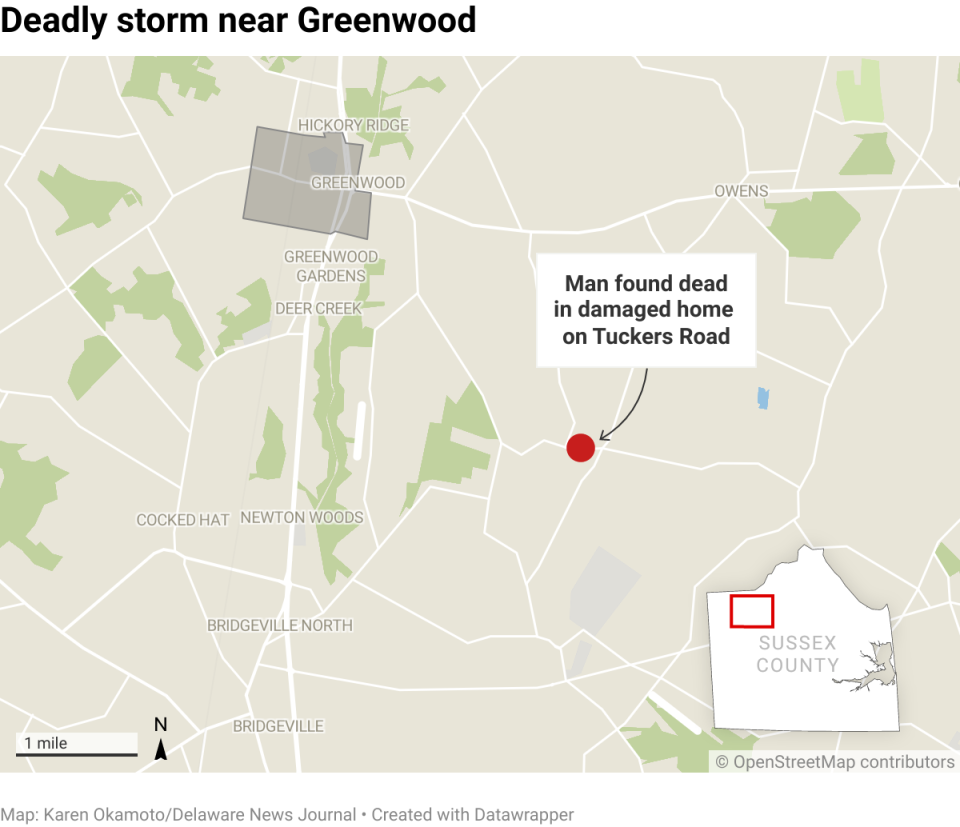 A man died in a home near Greenwood when a storm ripped through the area on Saturday, April 1, 2023.