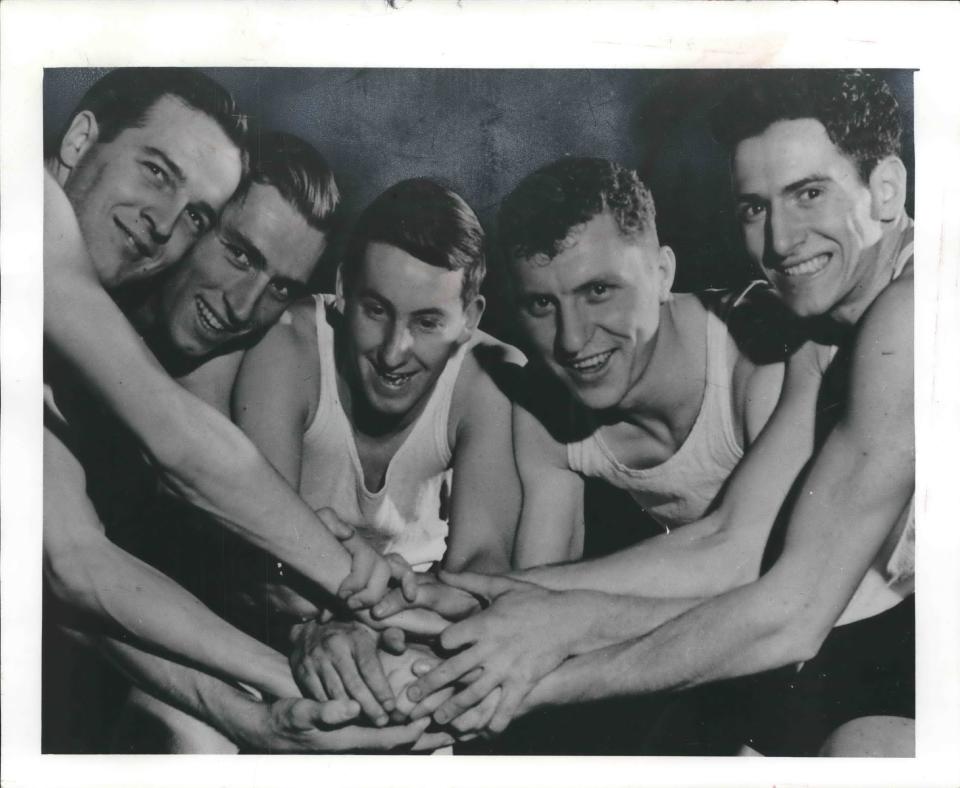 Wisconsin's 1941 NCAA title team included (from left) Ted Strain of Harvard, Illinois, center Gene Englund of Kenosha; forward Charlie Epperson of Jackson, Michigan; forward Johnny Kotz of Rhinelander and guard Fred Rehm of Milwaukee Pulaski. The Badgers beat Washington State for the championship.