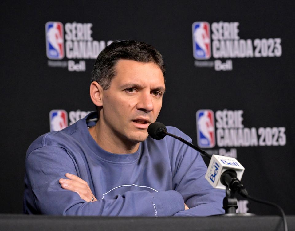 Oklahoma City Thunder head coach Mark Daigneault gives an Oct. 12 news conference before a preseason game against the Detroit Pistons at the Bell Centre.