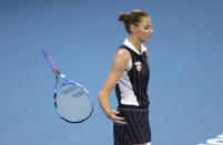 Karolina Pliskova of the Czech Republic throws her racket to the ground after she missed a shot during her final match against Madison Keys of the United States at the Brisbane International tennis tournament in Brisbane, Australia, Sunday, Jan. 12, 2020. (AP Photo/Tertius Pickard)