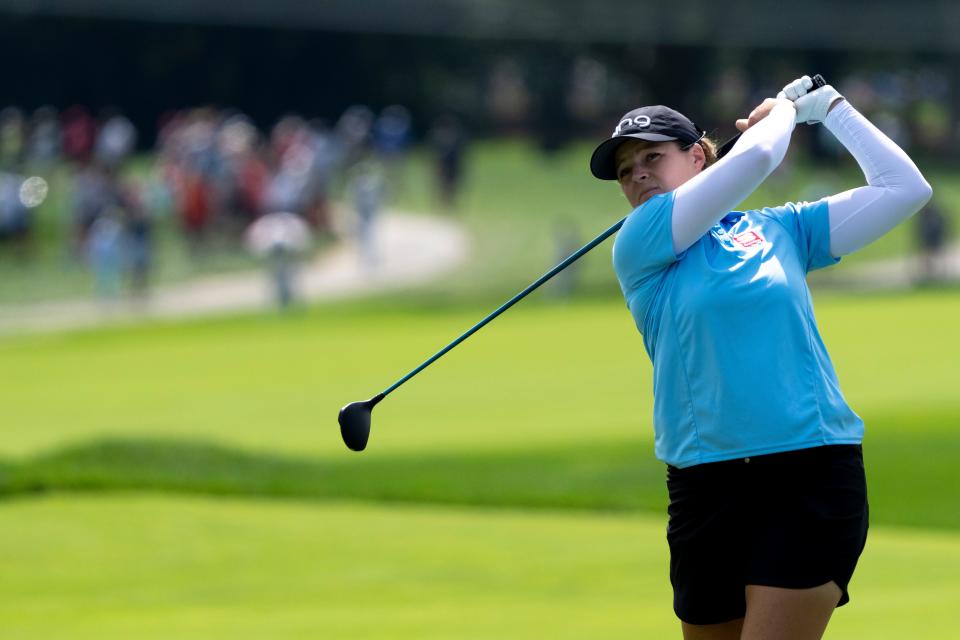 Ally Ewing hits an approach shot on hole two of the Kendale Course during the third round of the Kroger Queen City Championship presented by P&G at the Kenwood Country Club in Madeira on Saturday, Sept. 10, 2022.