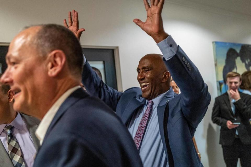 Sacramento County Sheriff candidate Assemblyman Jim Cooper greets supporters after receiving early election night results in Sacramento on Tuesday, June 7, 2022. Renée C. Byer/rbyer@sacbee.com