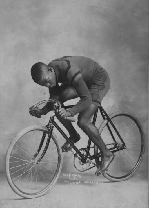 Portrait of African American cyclist and champion Marshall “Major” Taylor (1878 – 1932) seated on a bicycle, 1898. (Photo by NYPL/Interim Archives/Getty Images)