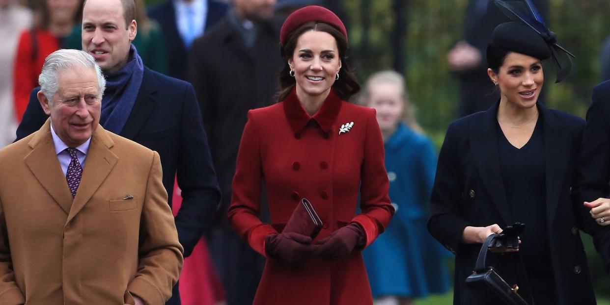 kings lynn, england december 25 l r prince charles, prince of wales, prince william, duke of cambridge, catherine, duchess of cambridge, meghan, duchess of sussex and prince harry, duke of sussex arrive to attend christmas day church service at church of st mary magdalene on the sandringham estate on december 25, 2018 in kings lynn, england photo by stephen pondgetty images